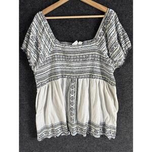 Cato Blouse Women 26/28W Plus White Striped Short Sleeve Square Neck Cotton